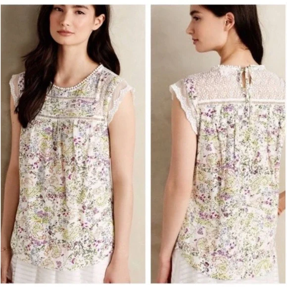 ANTHROPOLOGIE • White Meadow Rue Nellore Floral Lace Blouse Sz XS - Picture 1 of 7
